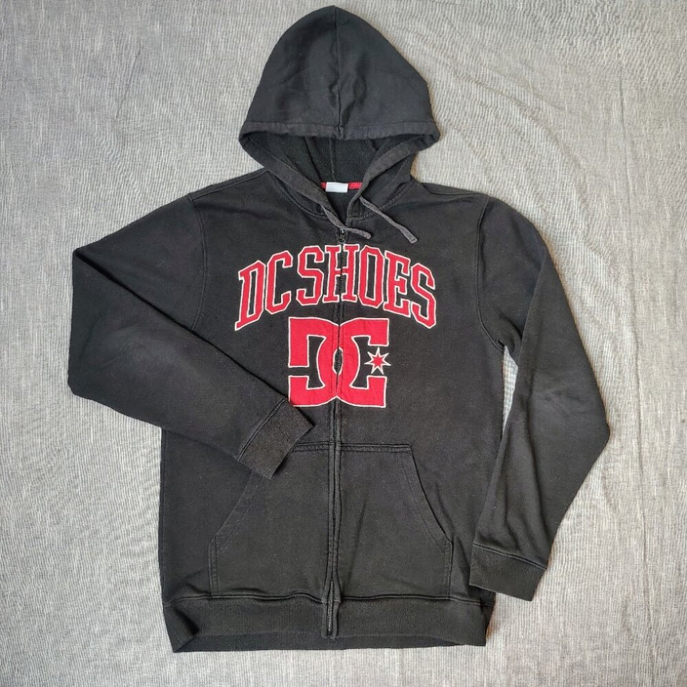 VINTAGE DC Shoes Company Hoodie Jacket Black Red Full Zip Spellout Logo Large